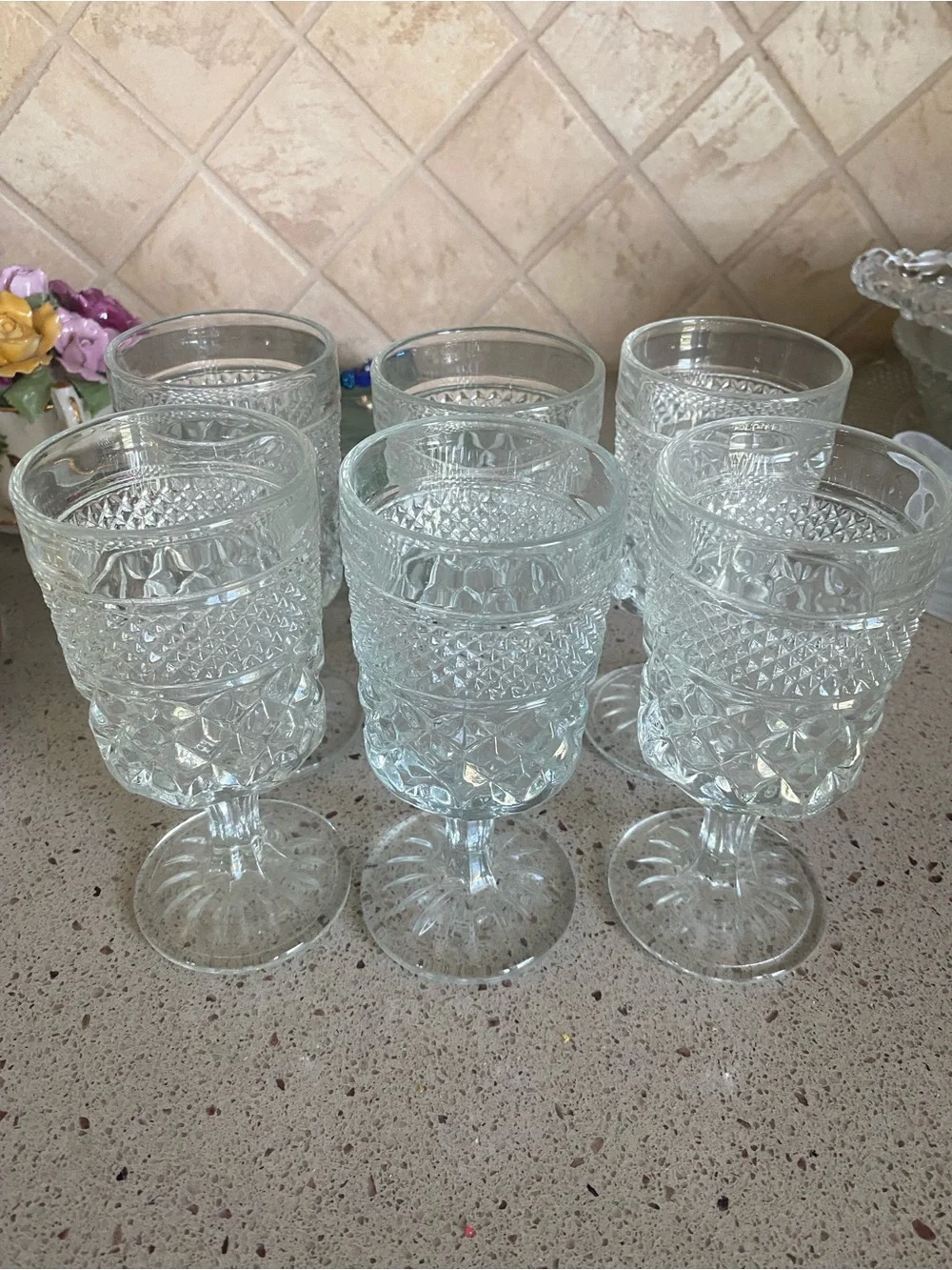 Clear Pressed Glass Goblet Set - Elegant Patterned Wine Glasses (Set of 6)